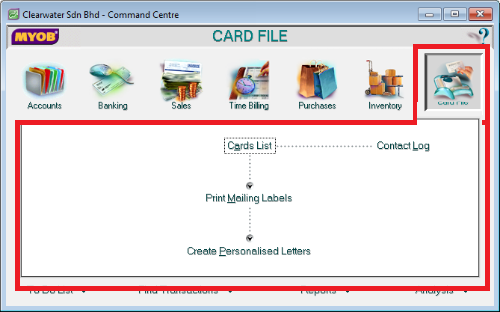 myob card file command centre