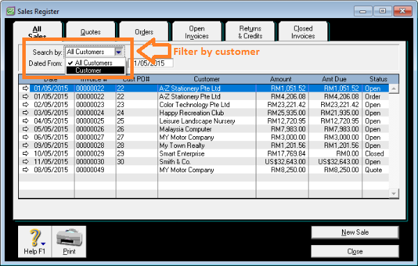 myob sales register customer filter