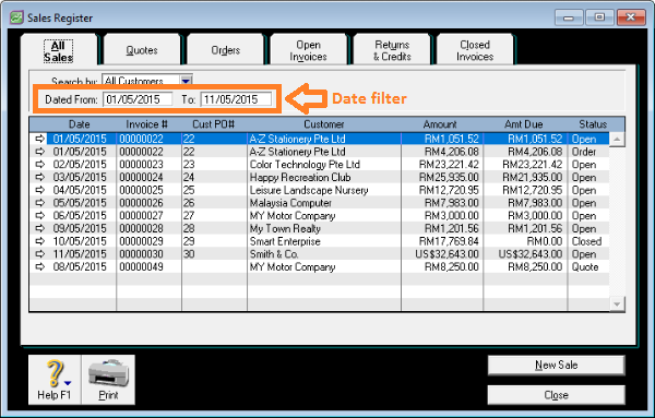 myob sales register date filter