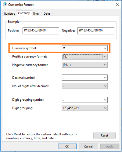 windows currency setting philippine peso