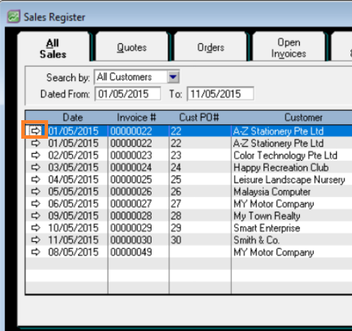 myob sales register - view or edit document