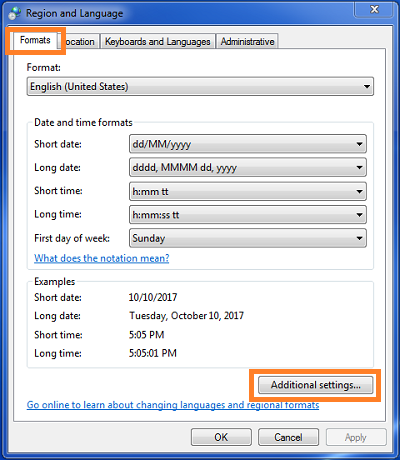 windows 7 regional settings